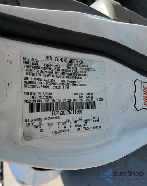 2007 Ford Taurus Se from USA, damaged, VIN 1FAFP53U17A111300